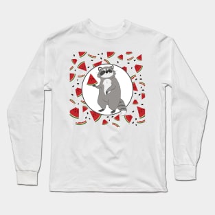 Cute Raccoon with Watermelon Pieces Long Sleeve T-Shirt